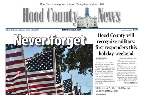 Hood county news - Person with responsible work ethic please apply in person at 1501 S. Morgan St. Mon-Thurs, 8am-5pm; Fri, 8am-1pm or email sam@hcnews.com. Come join the Hood County News team! The Hood County News is hiring responsible, committed part time help in our insert room. Competitive pay and great work environment. Please apply at 1501 S. Morgan St ...